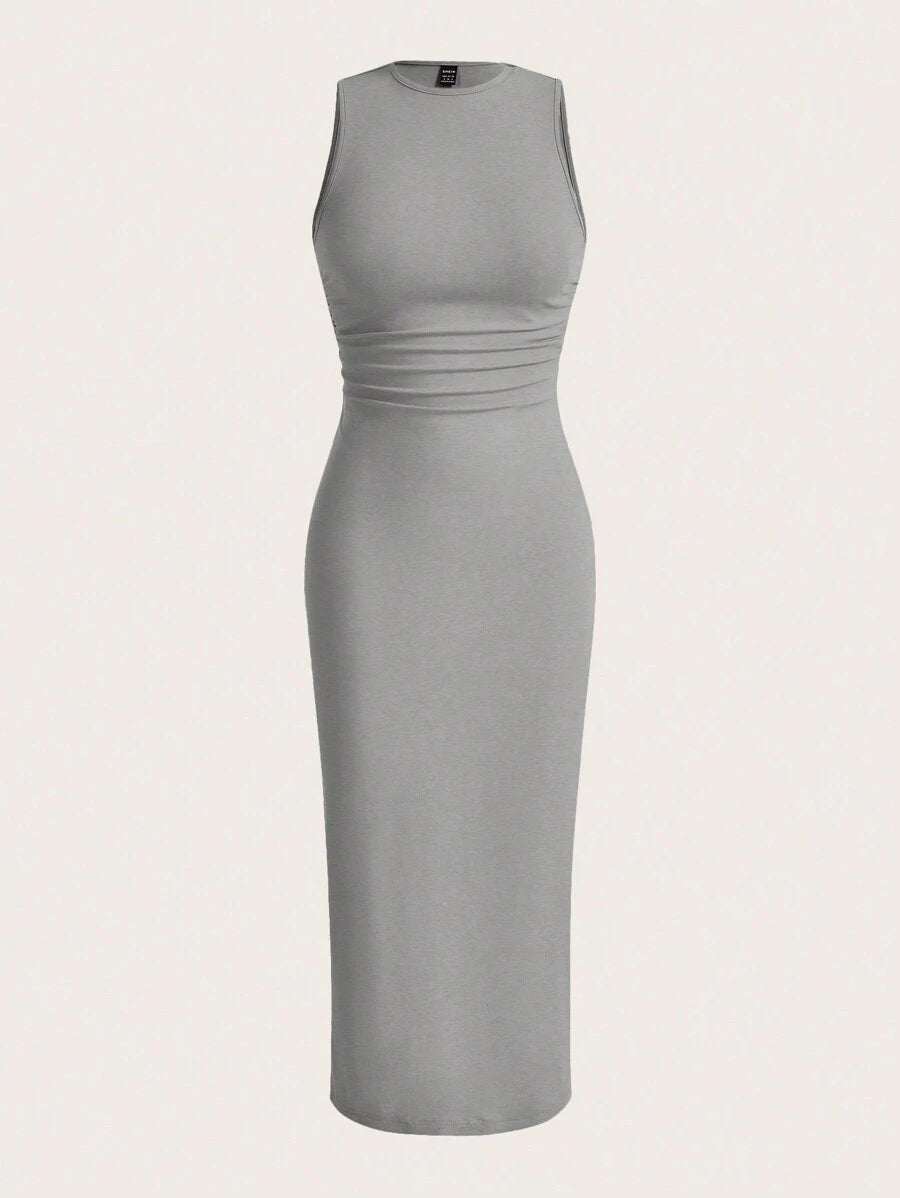Summery plain tank dress with gathered waist