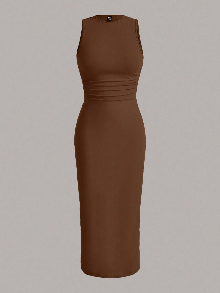 Summery plain tank dress with gathered waist