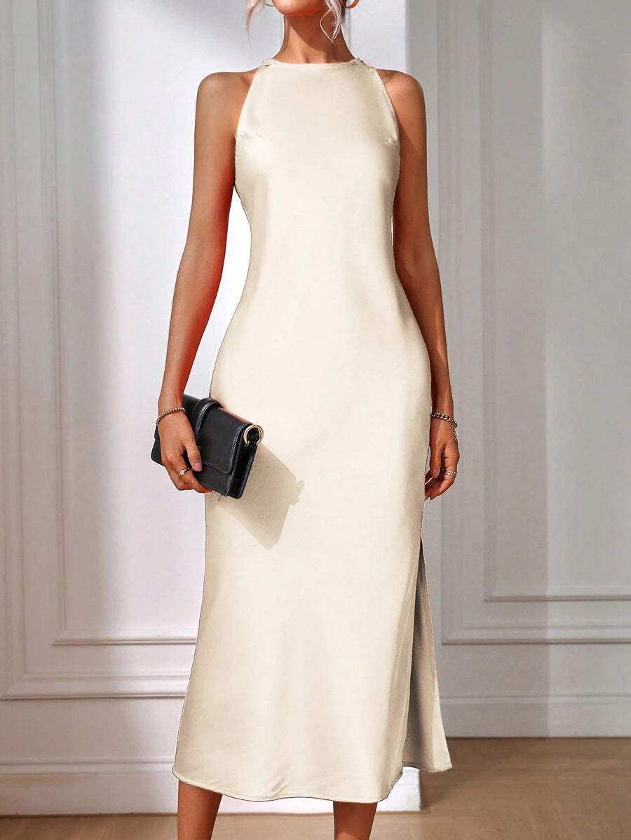 Elegant Green Silk Maxi Dress with Slit