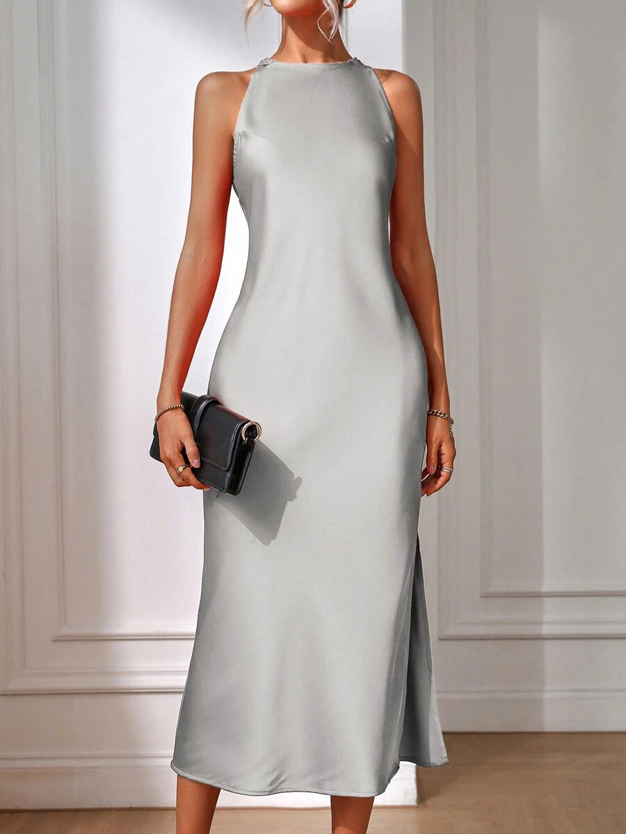 Elegant Green Silk Maxi Dress with Slit