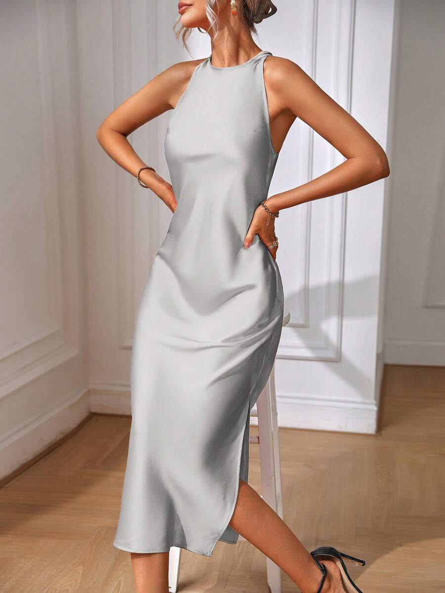 Elegant Green Silk Maxi Dress with Slit