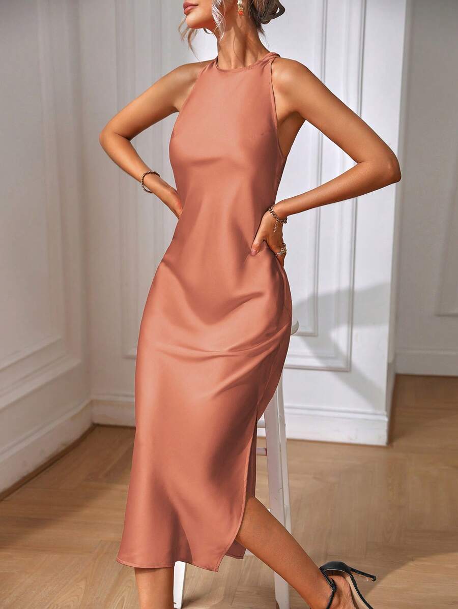 Elegant Green Silk Maxi Dress with Slit