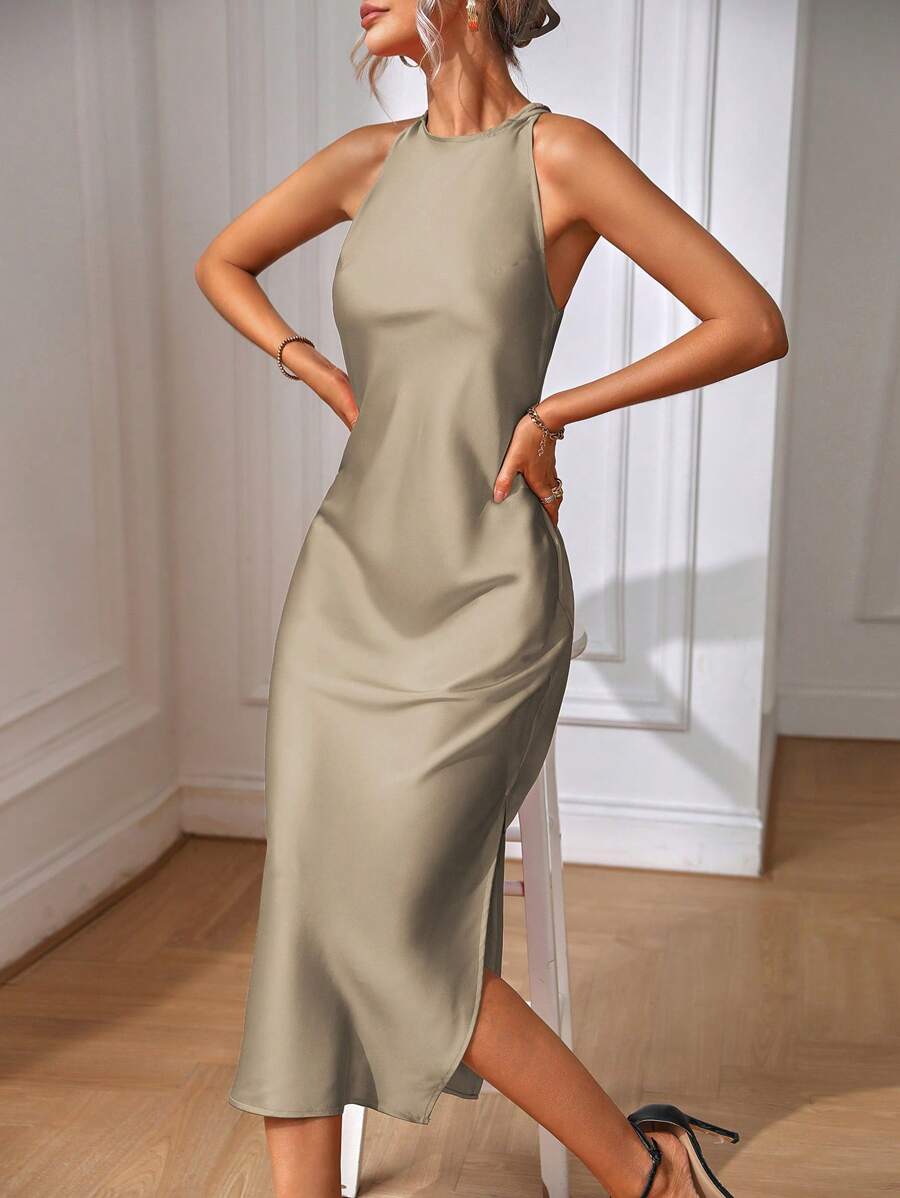 Elegant Green Silk Maxi Dress with Slit