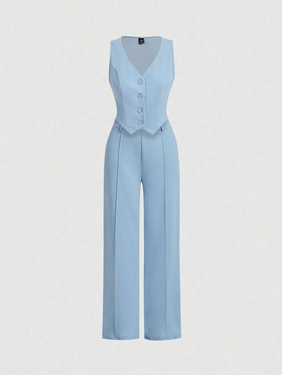 Women's Blue Suit – Buttoned Jacket and Trousers