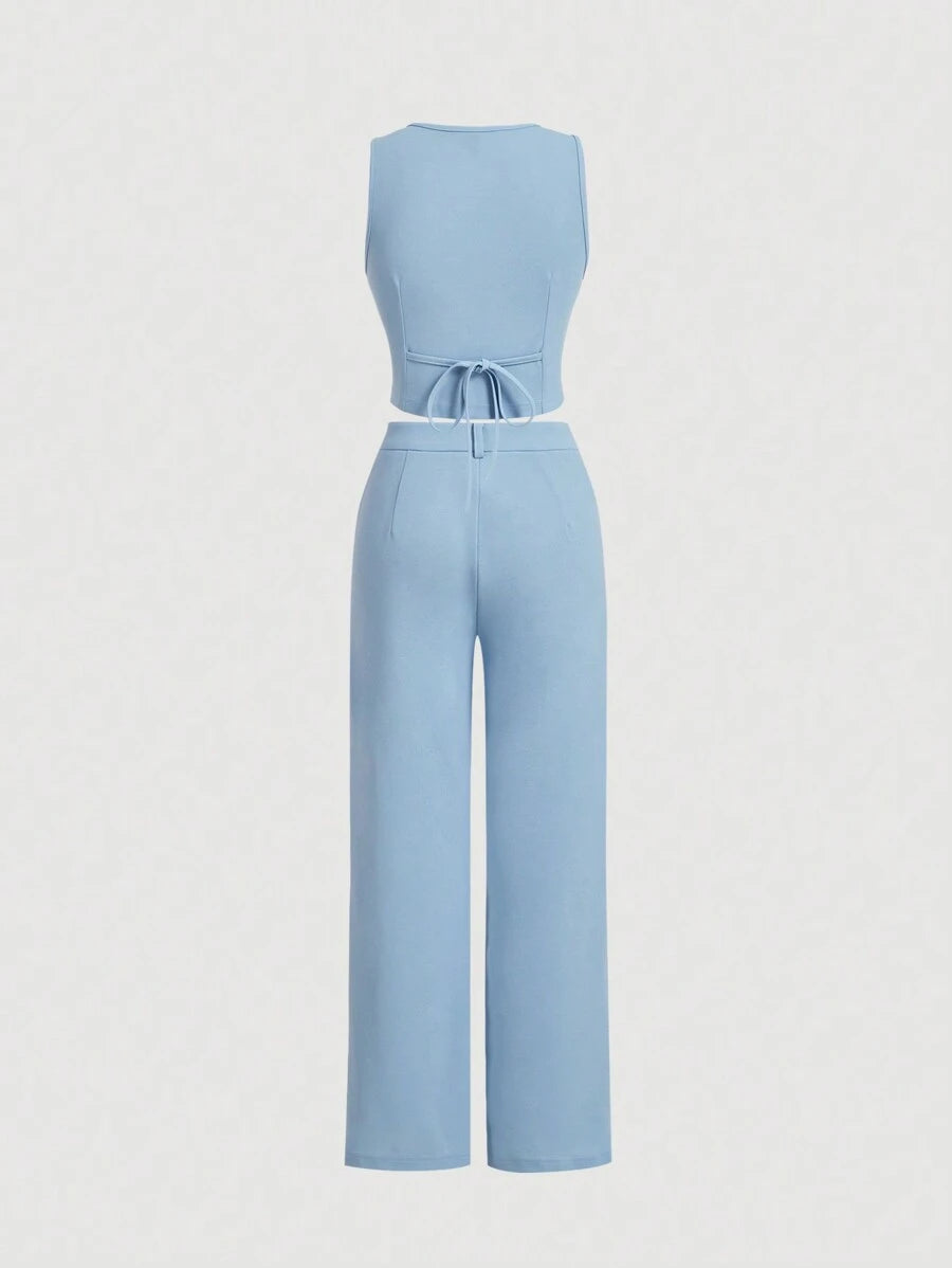 Women's Blue Suit – Buttoned Jacket and Trousers