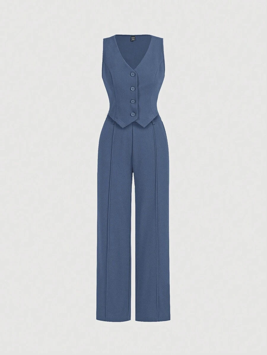 Women's Blue Suit – Buttoned Jacket and Trousers