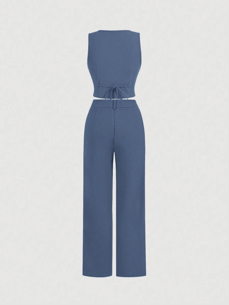 Women's Blue Suit – Buttoned Jacket and Trousers