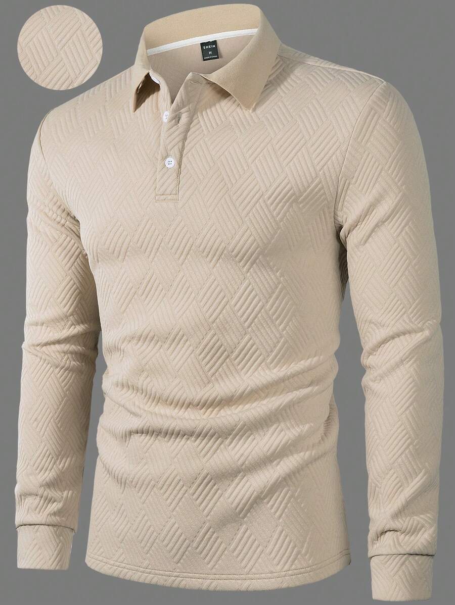 Men's Casual Plain Long Sleeve Polo Shirt