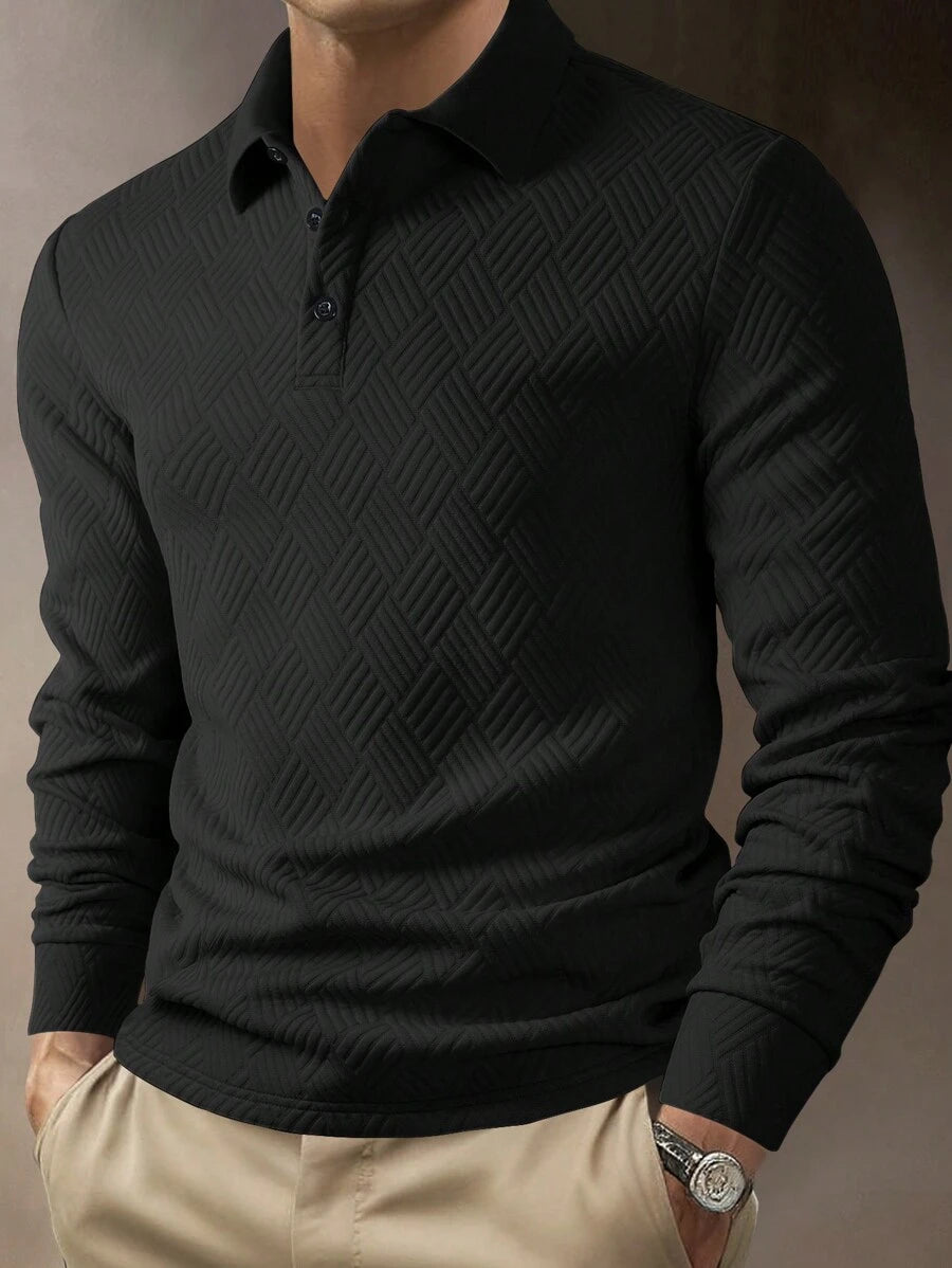 Men's Casual Plain Long Sleeve Polo Shirt