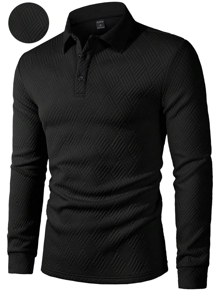 Men's Casual Plain Long Sleeve Polo Shirt