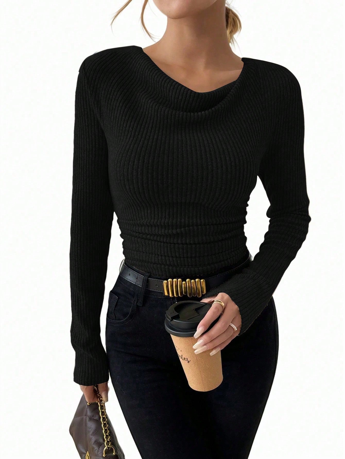 Women's Vintage T-shirt – Asymmetrical Collar & Long Sleeves Slim Fit