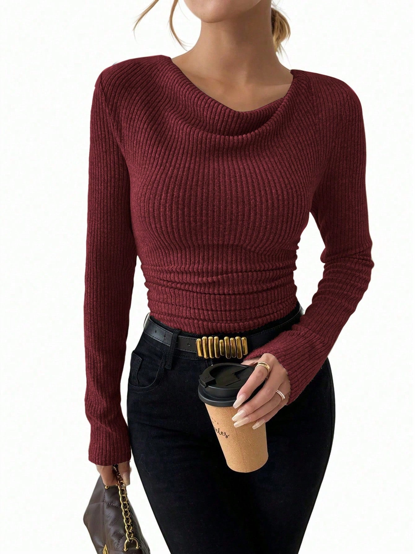 Women's Vintage T-shirt – Asymmetrical Collar & Long Sleeves Slim Fit