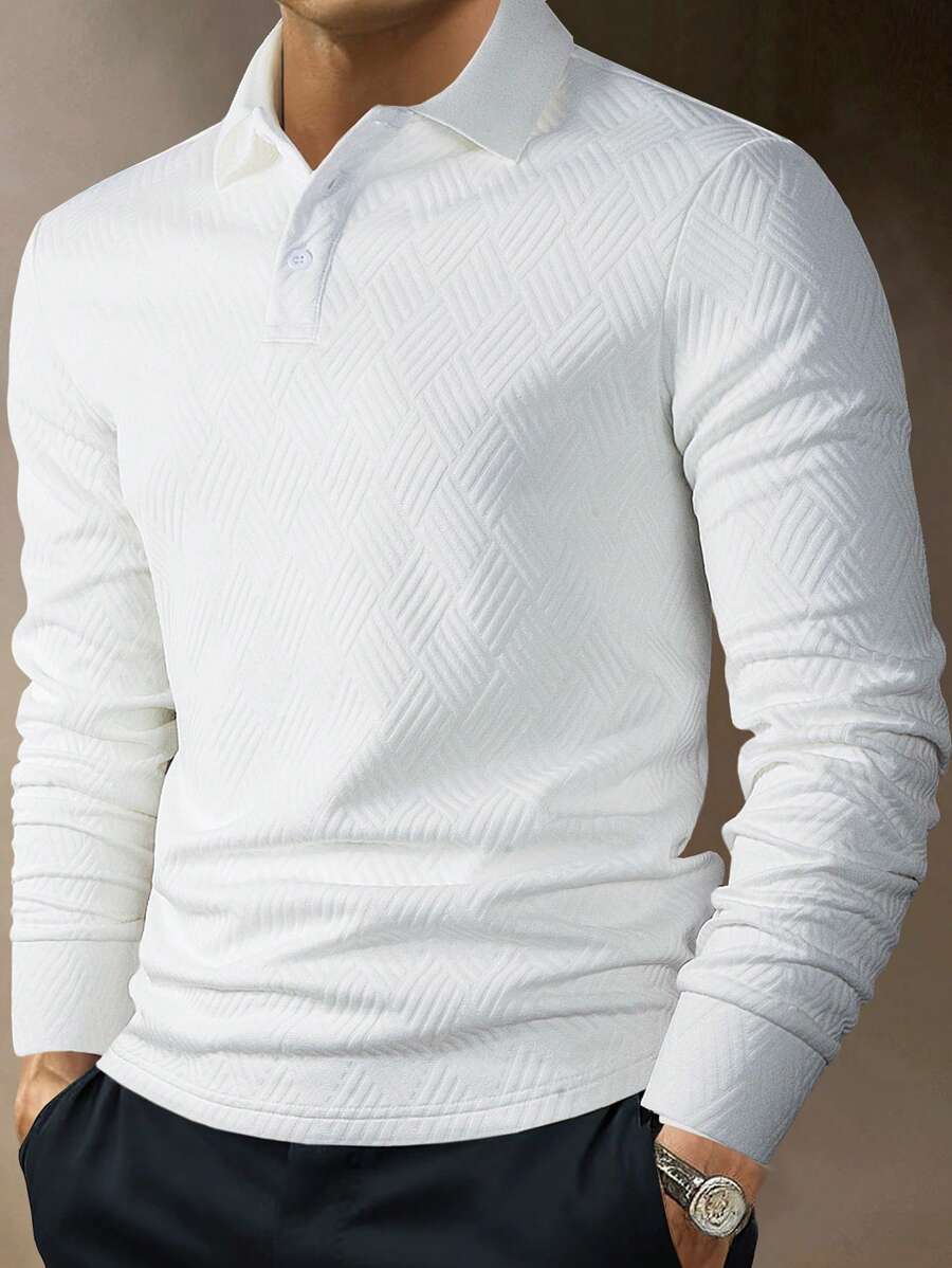 Men's Casual Plain Long Sleeve Polo Shirt