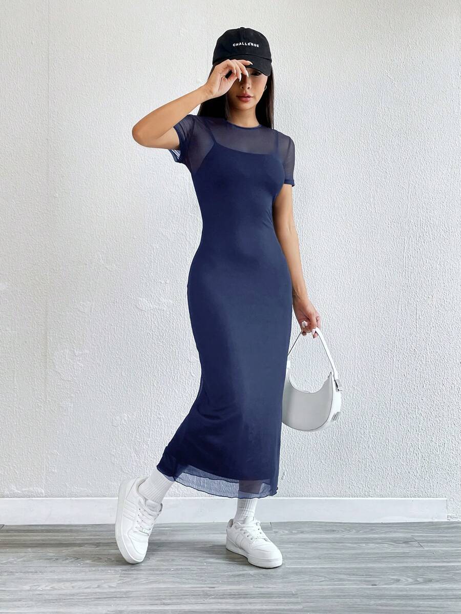 Maxi Pencil Dress with Contrasting Tulle