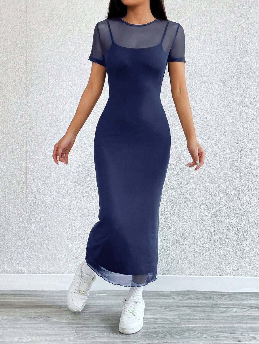 Maxi Pencil Dress with Contrasting Tulle