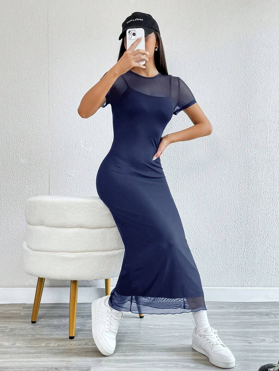 Maxi Pencil Dress with Contrasting Tulle