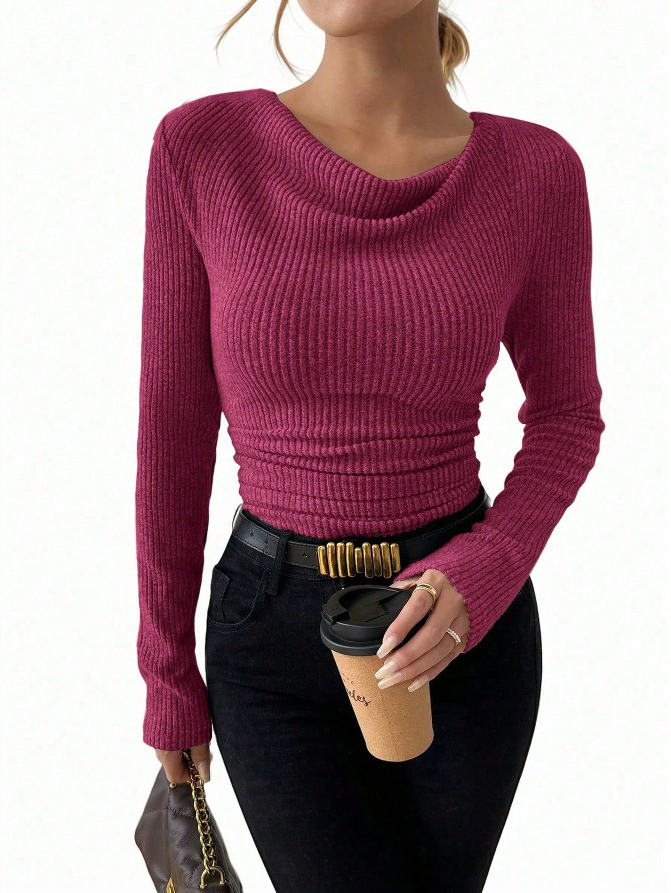 Women's Vintage T-shirt – Asymmetrical Collar & Long Sleeves Slim Fit