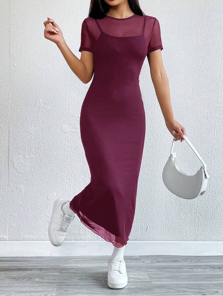 Maxi Pencil Dress with Contrasting Tulle