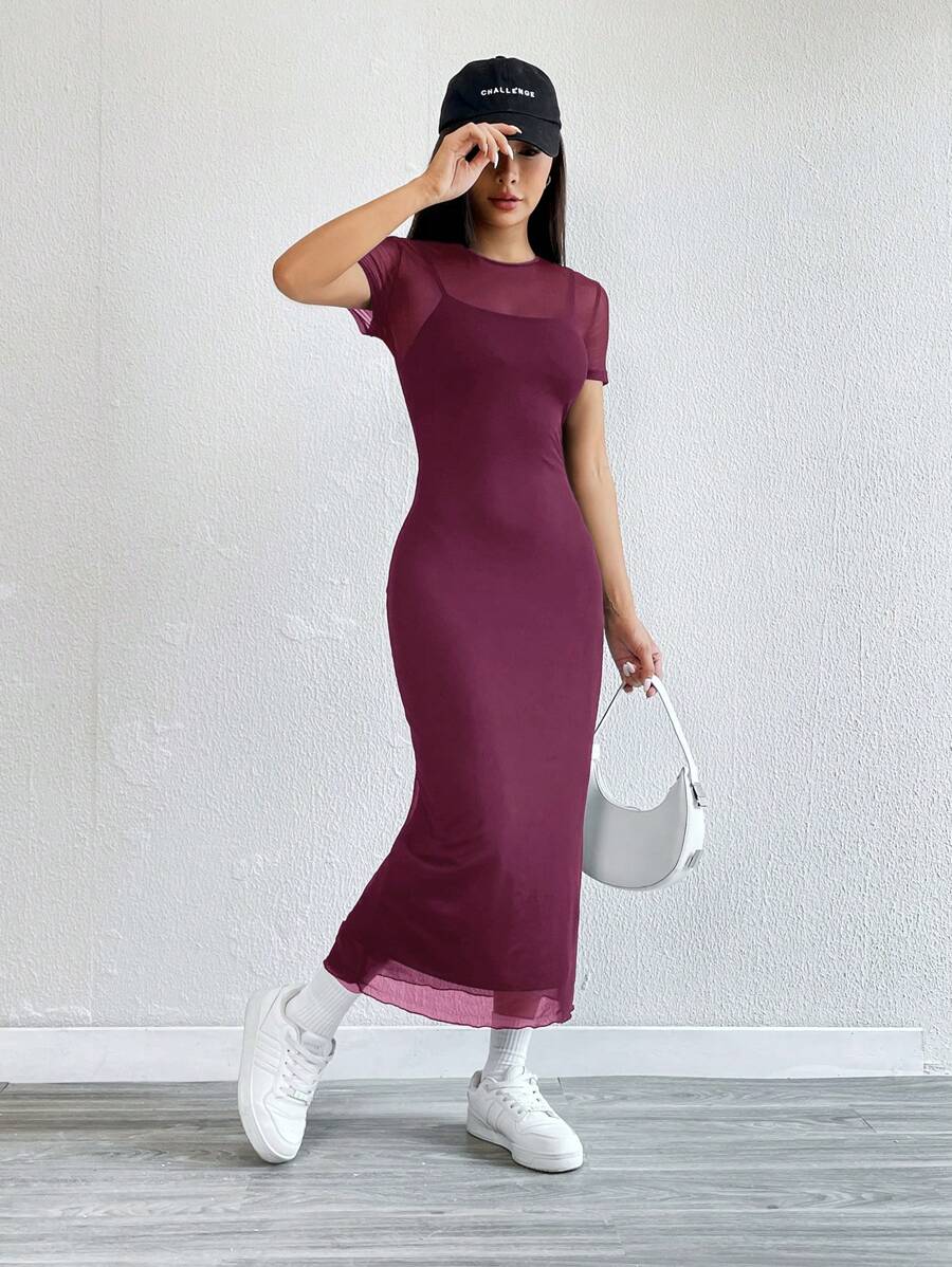 Maxi Pencil Dress with Contrasting Tulle