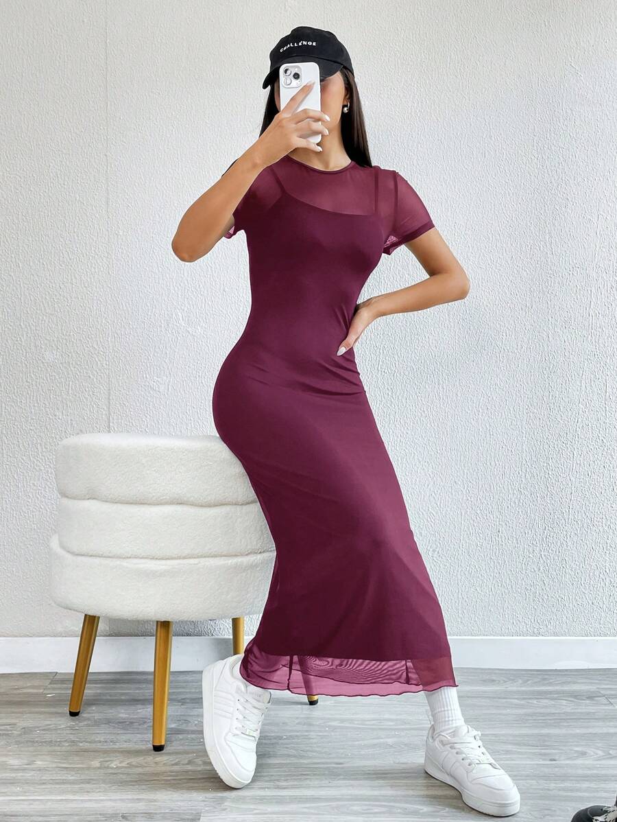 Maxi Pencil Dress with Contrasting Tulle