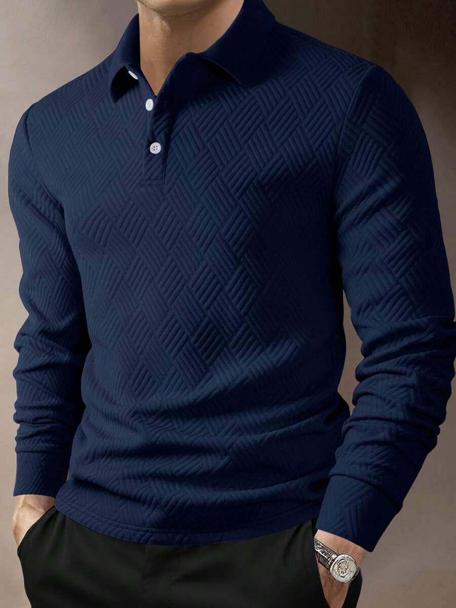 Men's Casual Plain Long Sleeve Polo Shirt