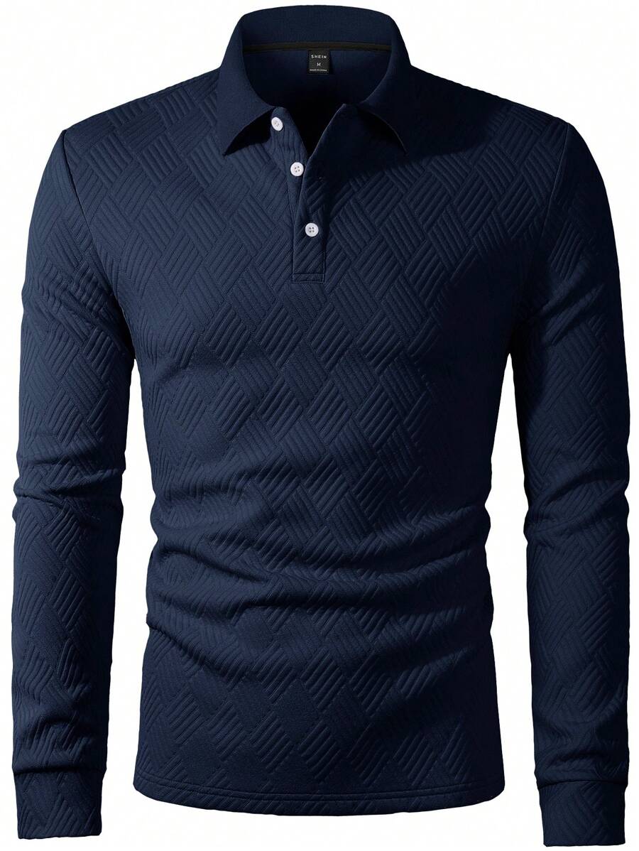 Men's Casual Plain Long Sleeve Polo Shirt