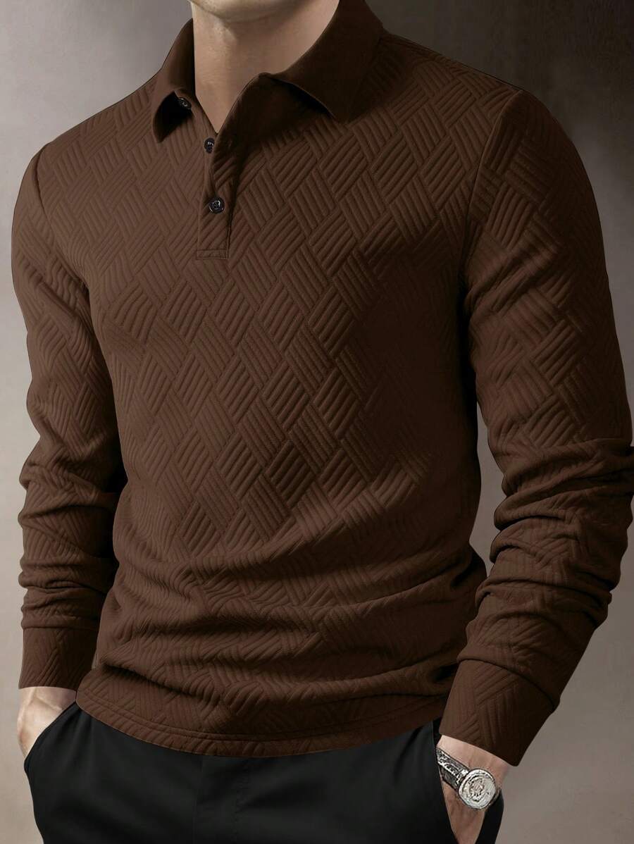 Men's Casual Plain Long Sleeve Polo Shirt