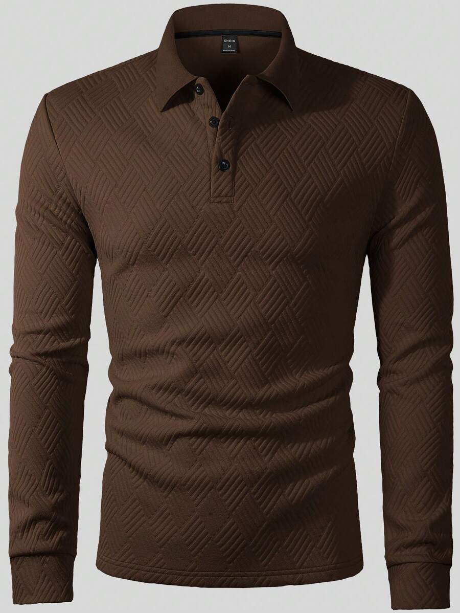 Men's Casual Plain Long Sleeve Polo Shirt