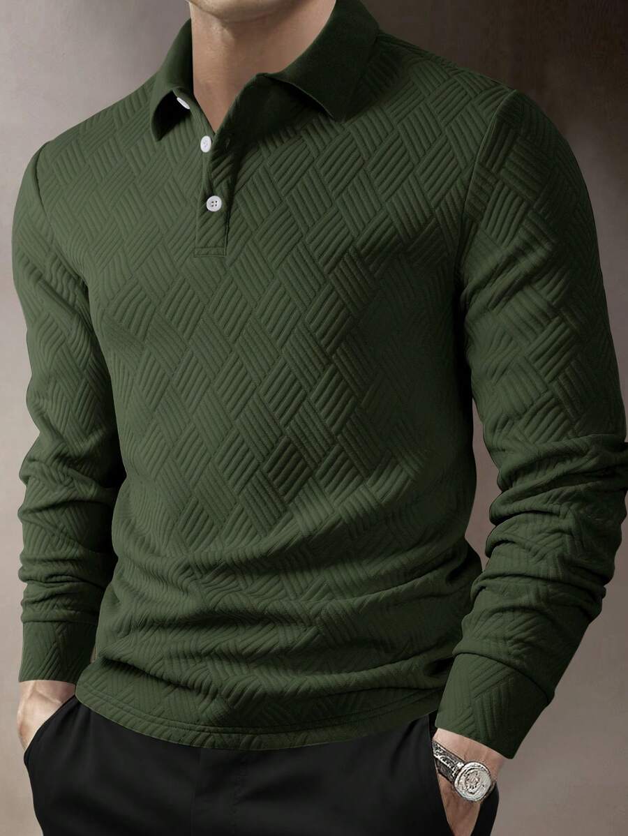 Men's Casual Plain Long Sleeve Polo Shirt