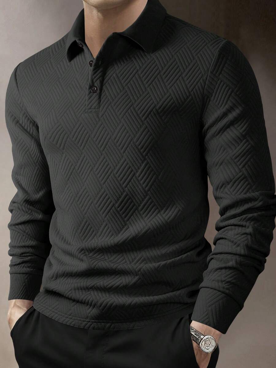 Men's Casual Plain Long Sleeve Polo Shirt