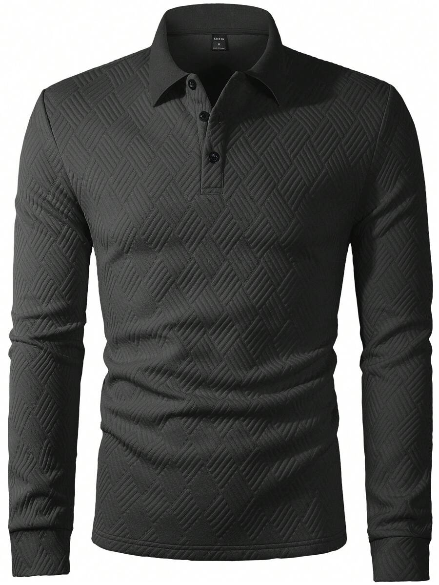 Men's Casual Plain Long Sleeve Polo Shirt