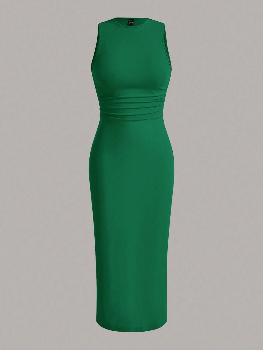 Summery plain tank dress with gathered waist