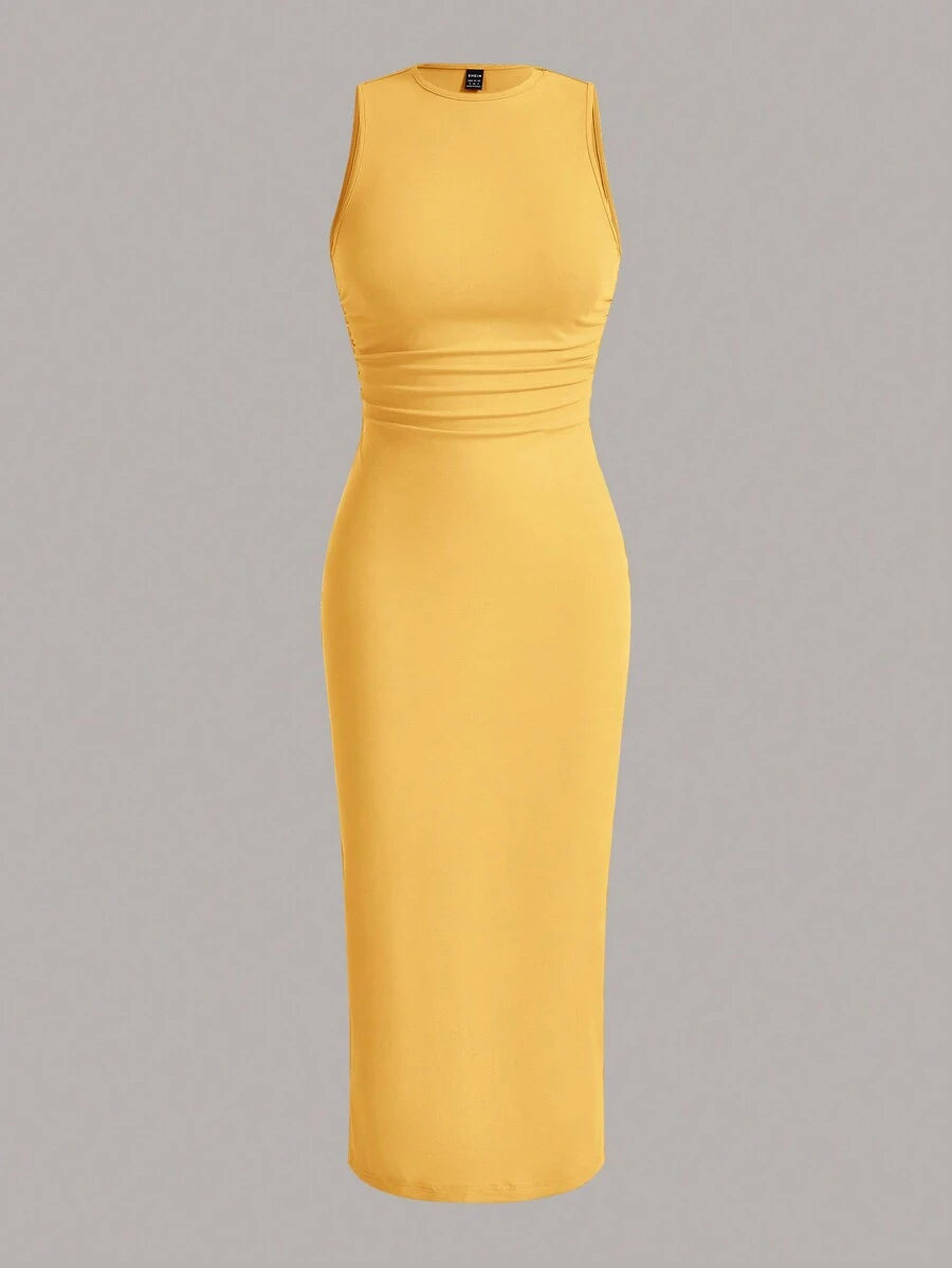 Summery plain tank dress with gathered waist