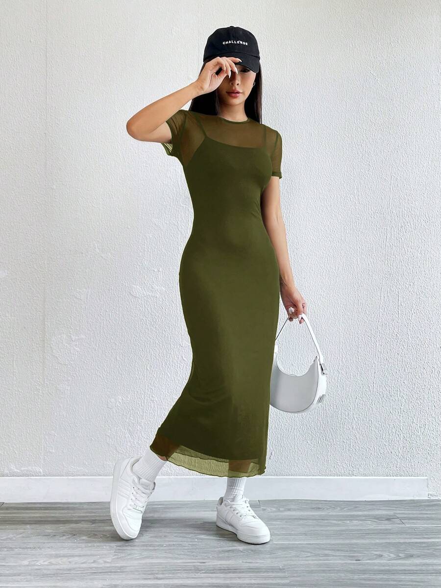 Maxi Pencil Dress with Contrasting Tulle