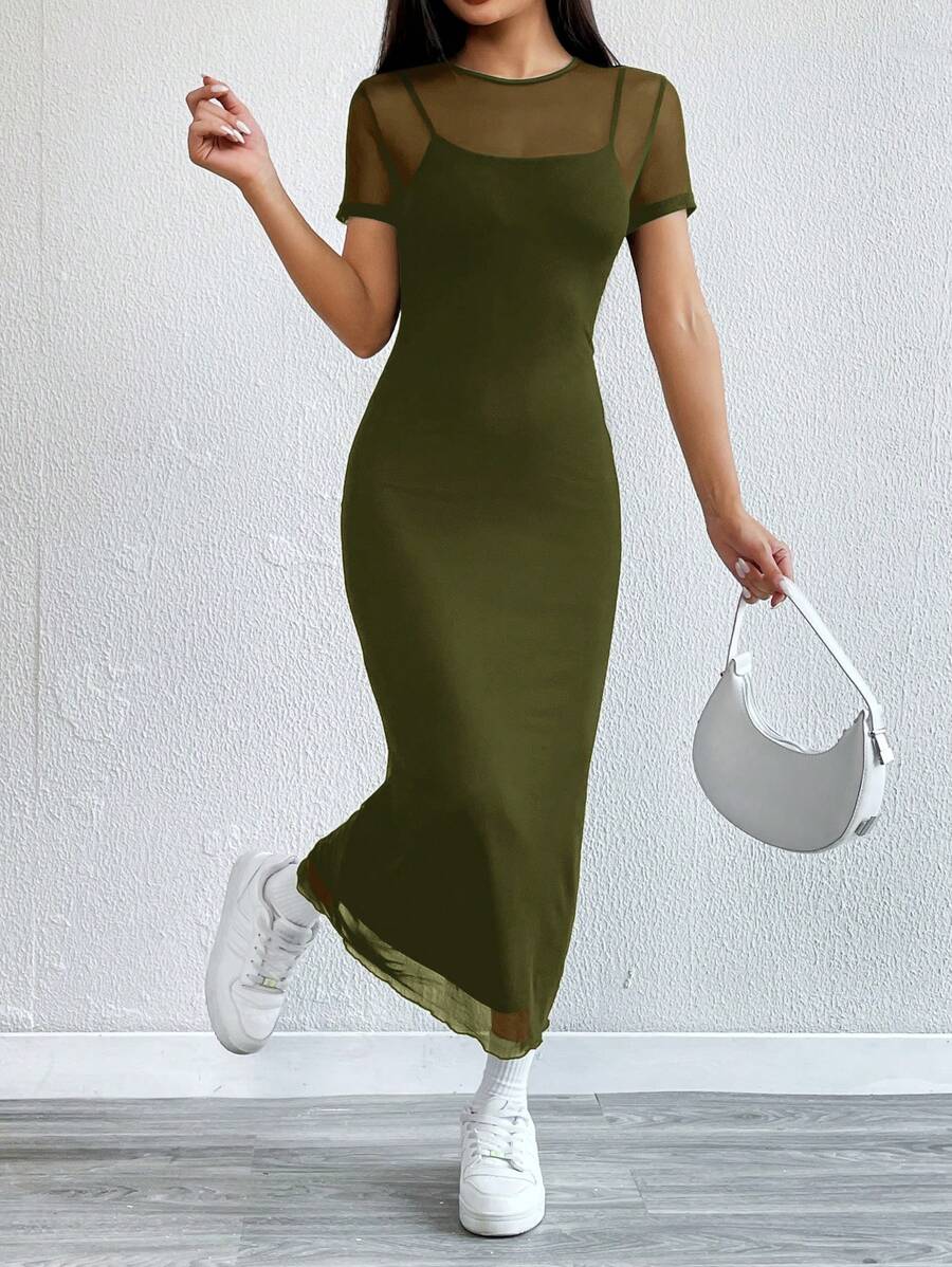 Maxi Pencil Dress with Contrasting Tulle