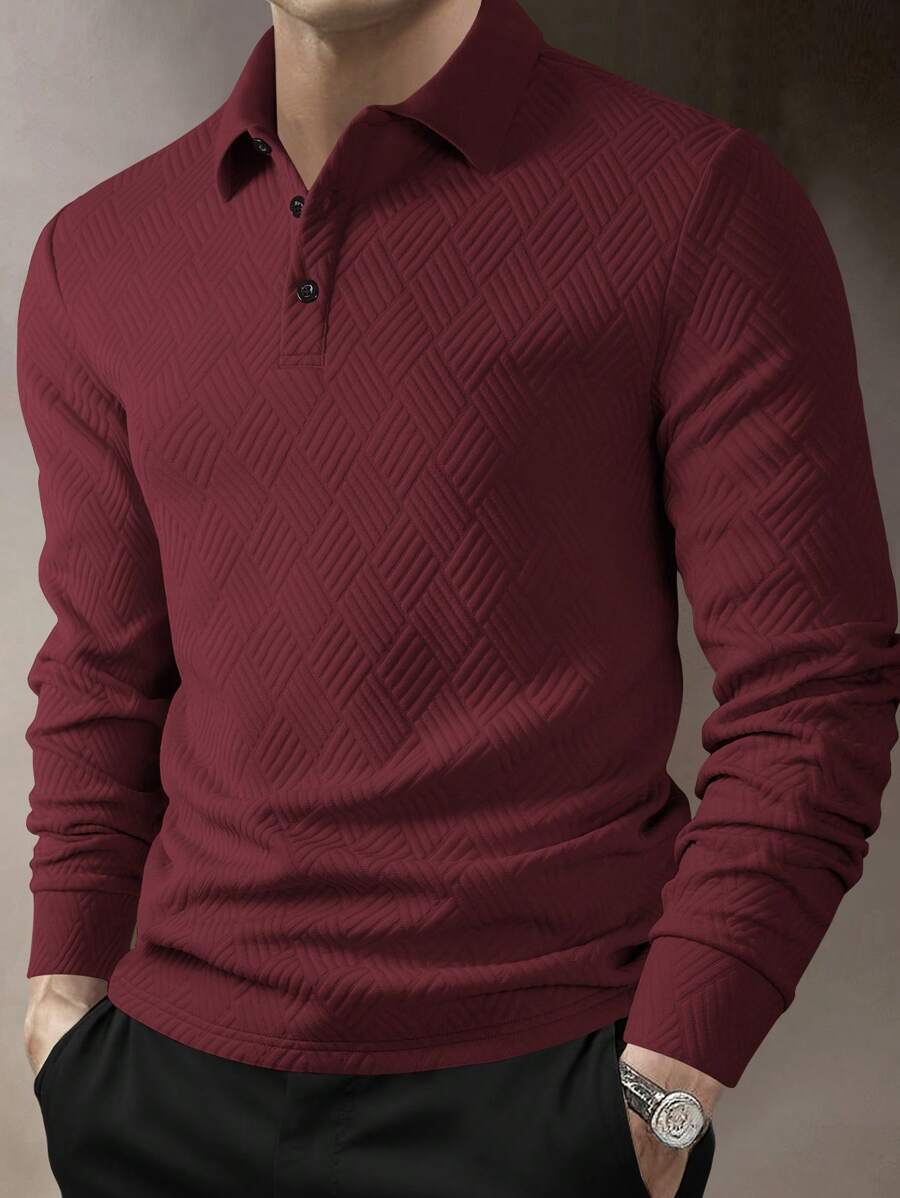 Men's Casual Plain Long Sleeve Polo Shirt