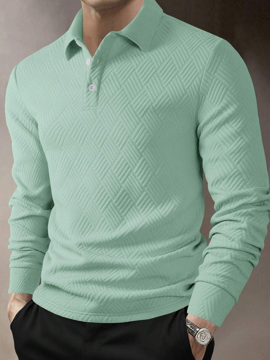 Men's Casual Plain Long Sleeve Polo Shirt