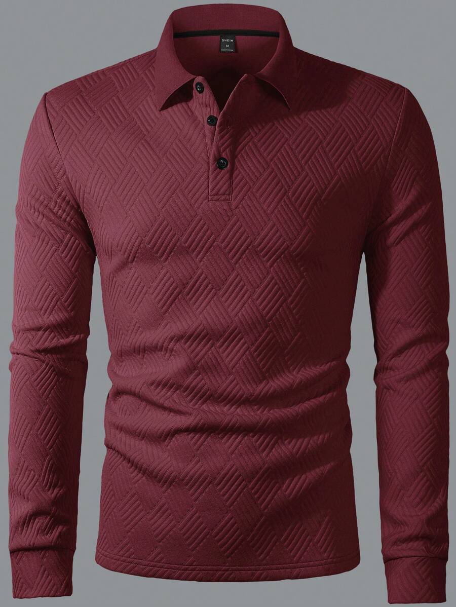 Men's Casual Plain Long Sleeve Polo Shirt