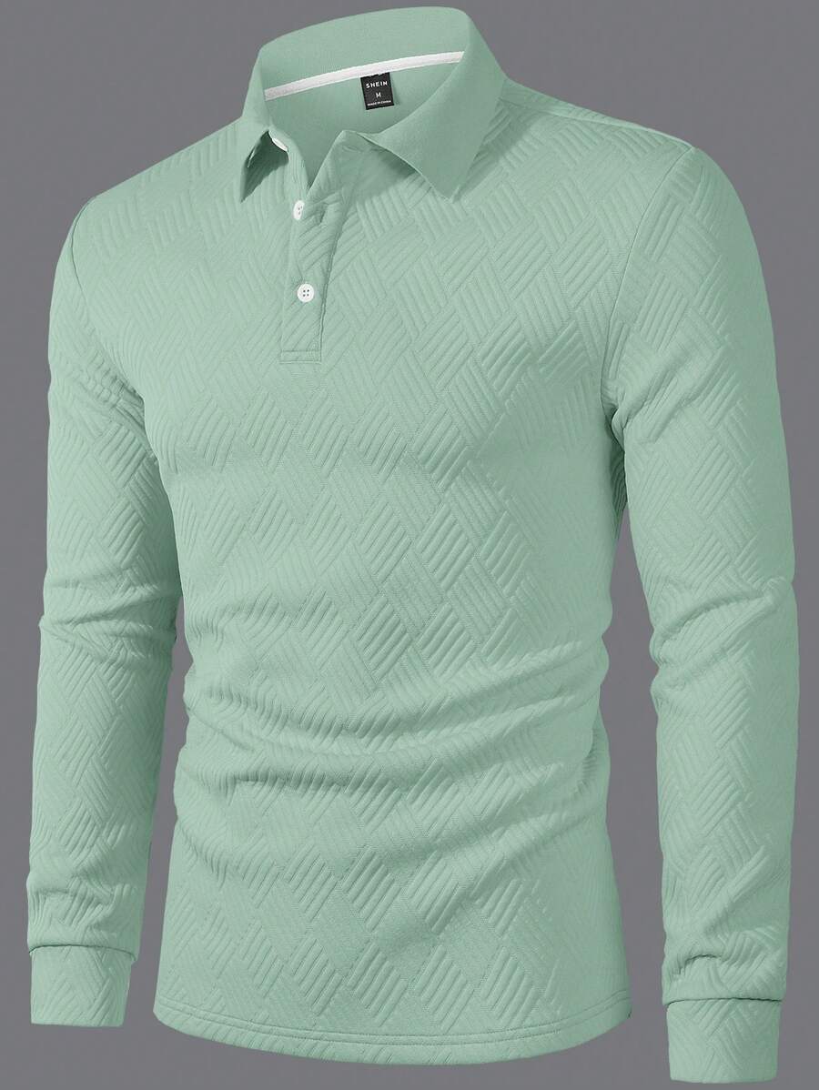 Men's Casual Plain Long Sleeve Polo Shirt