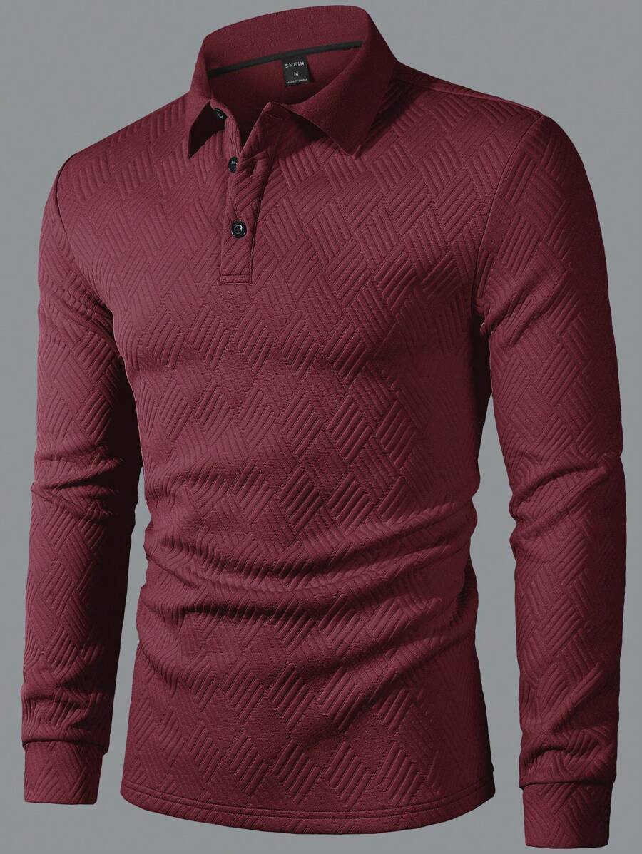 Men's Casual Plain Long Sleeve Polo Shirt