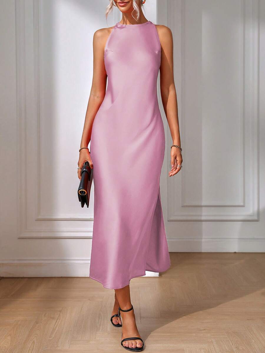 Elegant Green Silk Maxi Dress with Slit