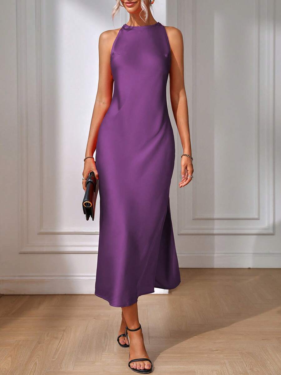 Elegant Green Silk Maxi Dress with Slit