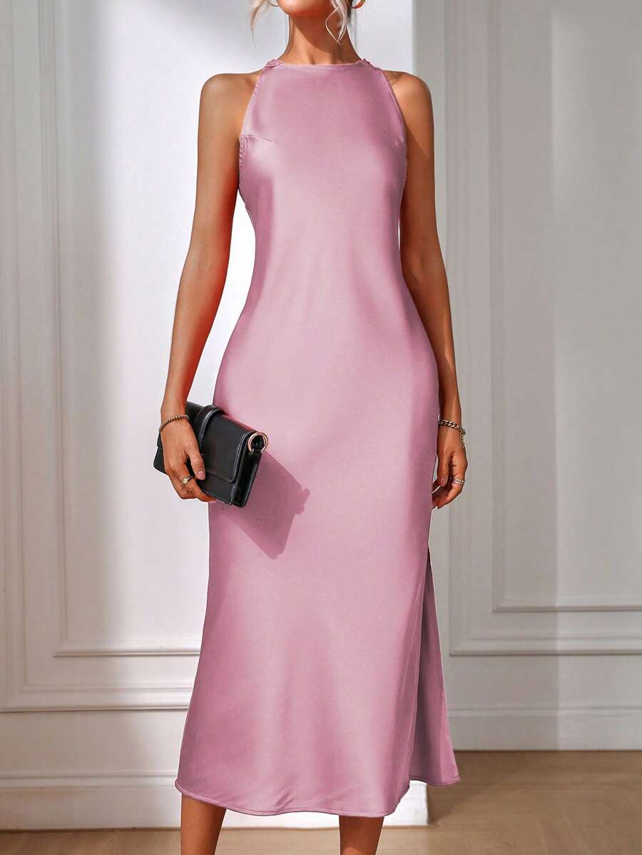 Elegant Green Silk Maxi Dress with Slit