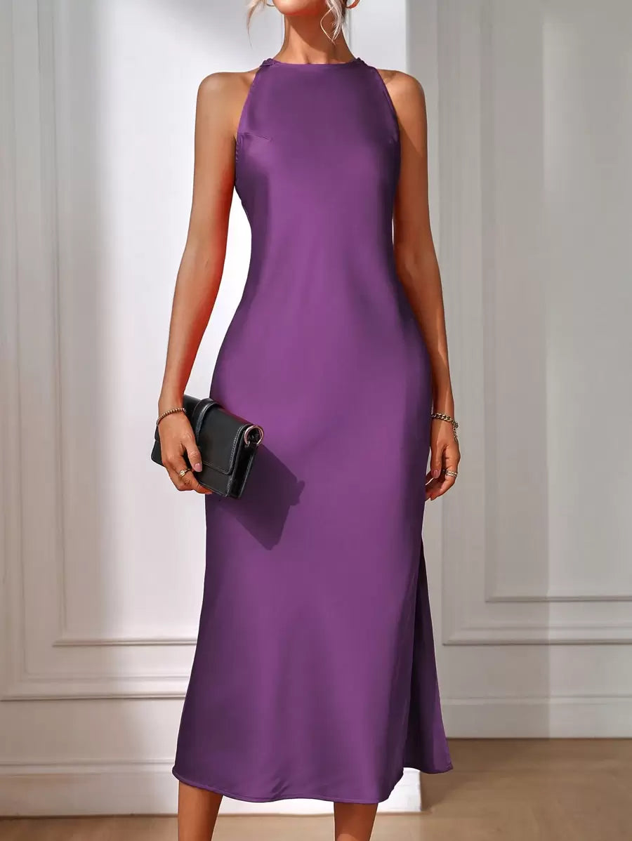 Elegant Green Silk Maxi Dress with Slit