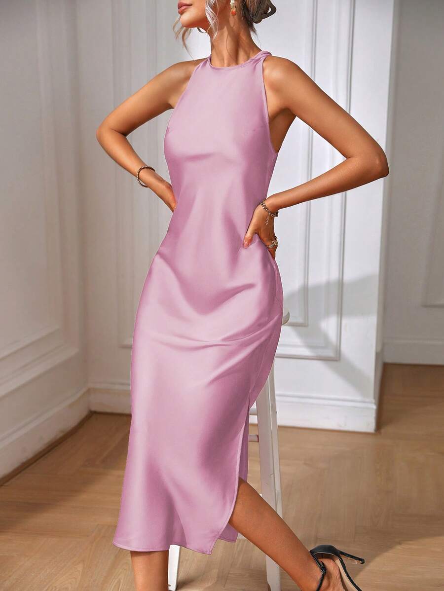 Elegant Green Silk Maxi Dress with Slit