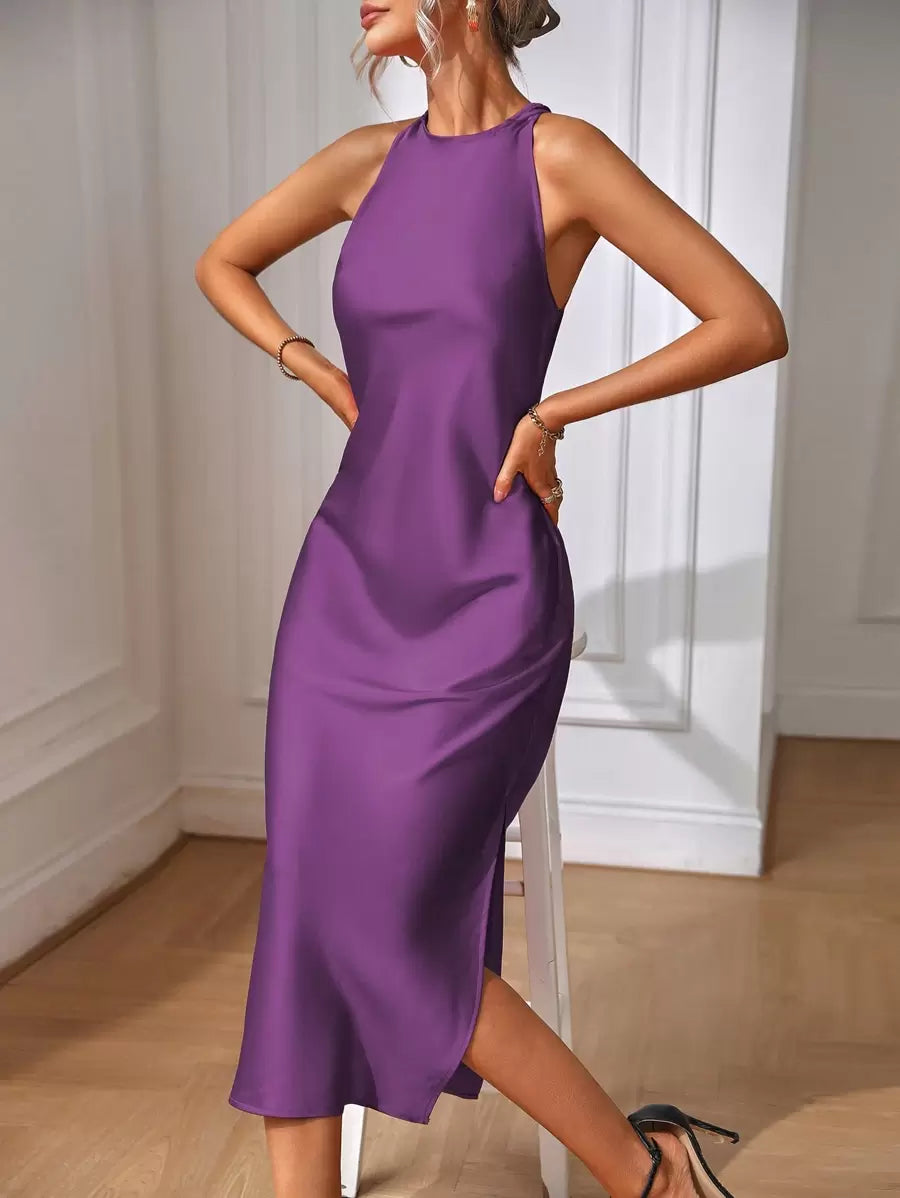 Elegant Green Silk Maxi Dress with Slit