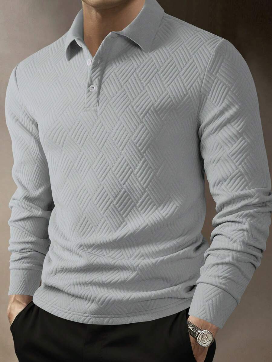Men's Casual Plain Long Sleeve Polo Shirt