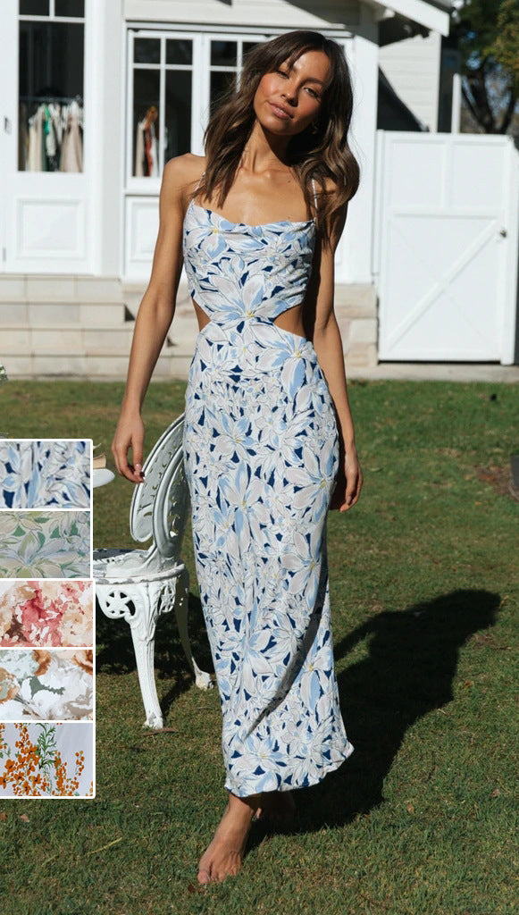 Summer Dress with Thin Straps – Floral Print and Open Back