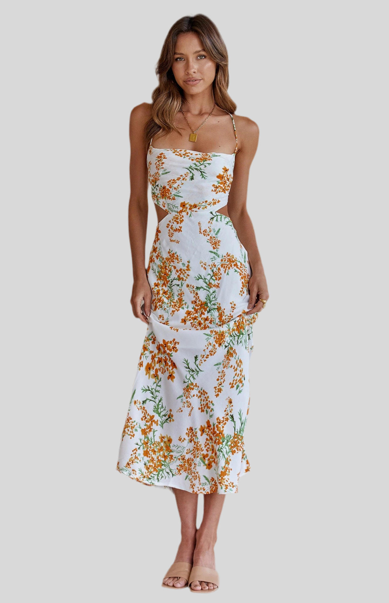 Summer Dress with Thin Straps – Floral Print and Open Back