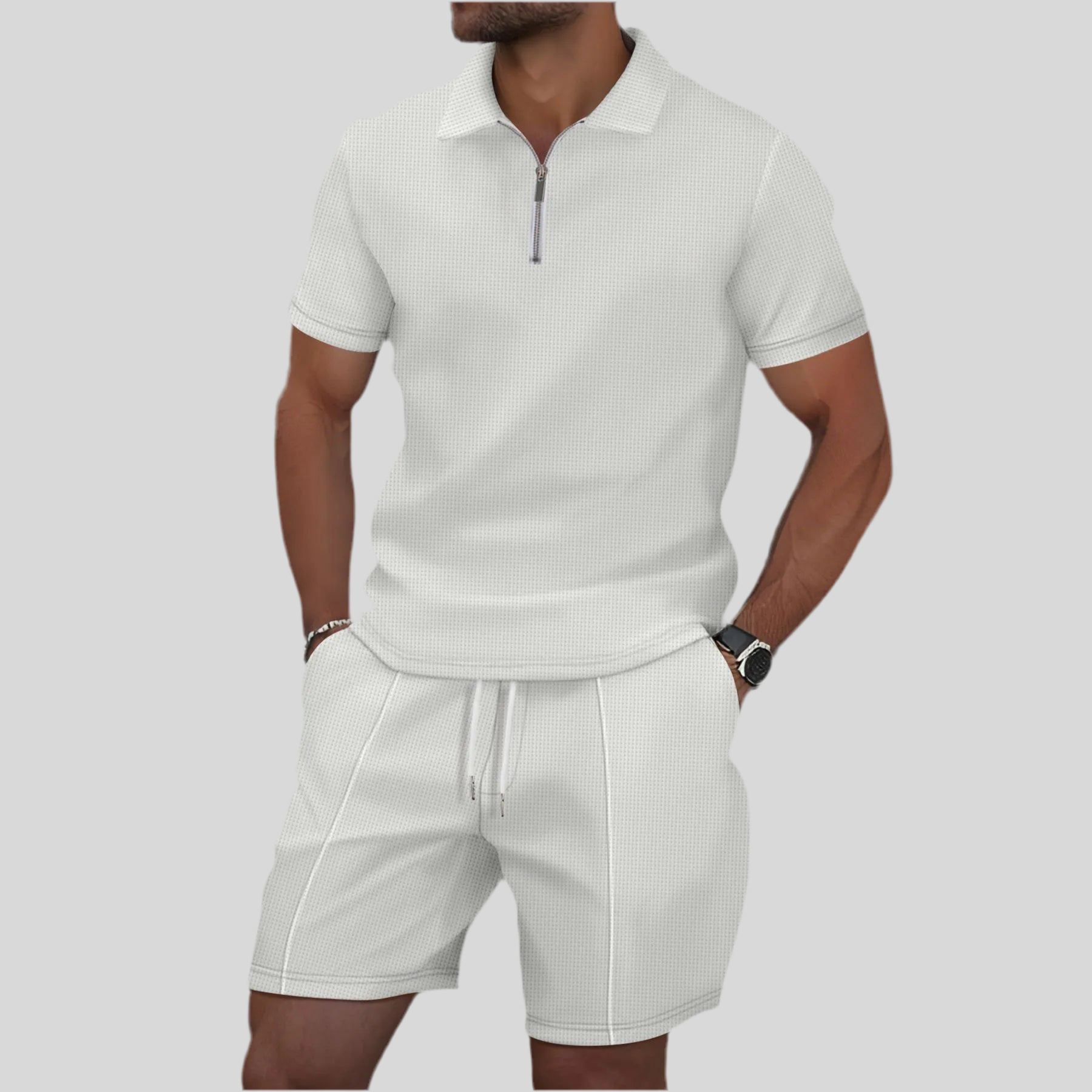 Men's Summer Waffle 2-Piece Set with Zip & Lapel